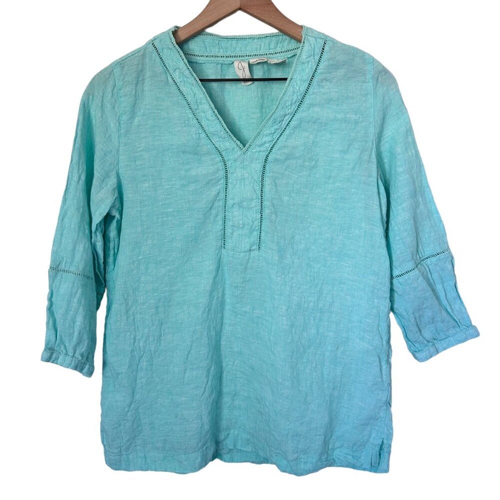 Joie 100% Linen Popover Top Sz Small Mint Green Turquoise V Neck 3/4 Sleeve